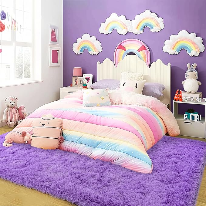 Super Fluffy Rug for Bedroom, 4x6 Shag Fuzzy Area Rug for Living Room Bedroom, Plush Soft Carpet for Girls Boys Kids, Non Slip Throw Rugs for Dorm, Modern Home Decor Aesthetic, Purple
