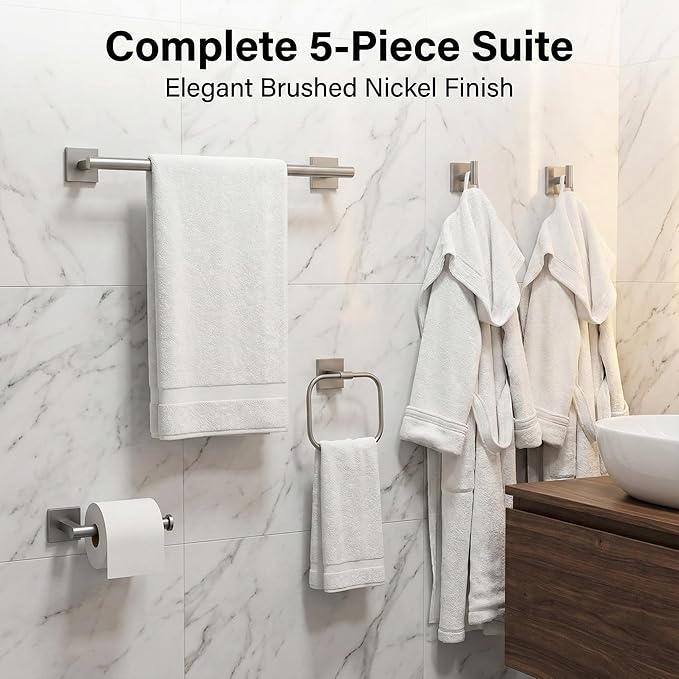 16" Brushed Nickel Bathroom Hardware Set 5-Piece, Fingerprint-Free SUS304 Stainless Steel Towel Bar for Small Bath & RV, Modern Square Bath Accessories Kit (Brushed Nickel)