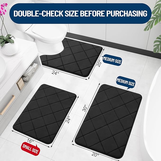 OLANLY Memory Foam Bath Mat 47x20, Ultra Soft and Absorbent Bathroom Rugs, Machine Washable, Comfortable Bath Carpet for Bathroom Floor, Tub and Shower, Black
