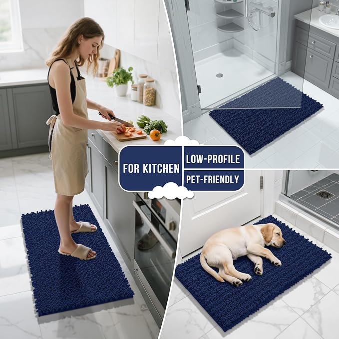 Yimobra Large Bathroom Rugs Non Slip Washable 36x24 Inch - Ultra Soft Absorbent Chenille Bath Mat, Quick Dry Shaggy Floor Carpet for Tub Shower, Navy Blue Home Decor Accessories