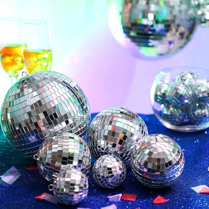 MTLEE 20 Pcs Disco Balls Decoration Mirror Disco Ball Assorted Silver Mini Glass Different Sizes Reflective with Rope for 70s Wedding Dance Music(6, 4, 3. 2, 2 Inch)