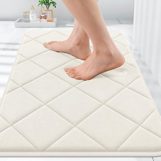 OLANLY Memory Foam Bath Mat 30x20, Ultra Soft and Absorbent Bathroom Rugs, Machine Washable, Comfortable Bath Carpet for Bathroom Floor, Tub and Shower, Ivory