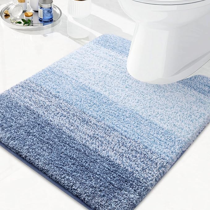 Arotive Microfiber Bathroom Rugs, Shaggy Soft and Absorbent Contour Toilet Rugs, Non-Slip, Thick Plush Machine Washable Dry Bath Mats for Toilet Base, 24x20, Light Blue, U-Shape