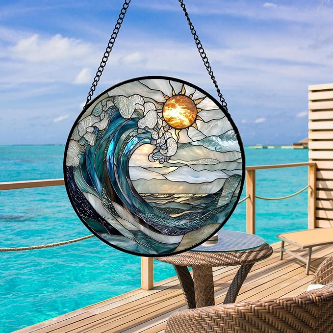 Stained Glass Window Hanging, Blue and White Waves Suncatcher Diamond Glass Panel Landscape Sun Catchers Decor for Birthday for Women, Men, Wife, Aunt, and Mom 9.8 in