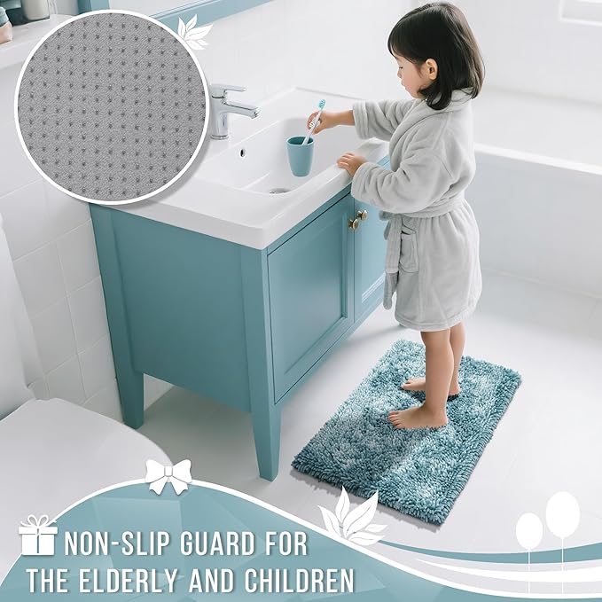 Yimobra Long Bathroom Rug Non Slip 44x24 Inch, Extra Thick Soft Absorbent Chenille Bath Mat, Machine Washable Bath Rugs for Bathroom Floor, Tub and Shower, Home Decor Accessories, Greyish Blue
