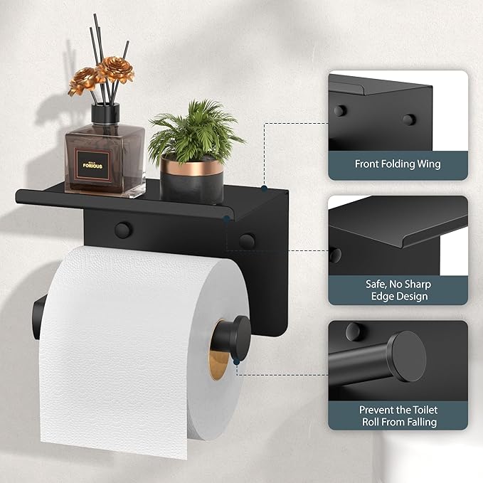 FORIOUS Bathroom Hardware Accessories Set, SUS304 Stainless Steel 24 Inch Towel Bar Set Wall Mounted, Modern Toilet Paper Holder with Shelf for Bathroom, 5 Pieces, Matte Black