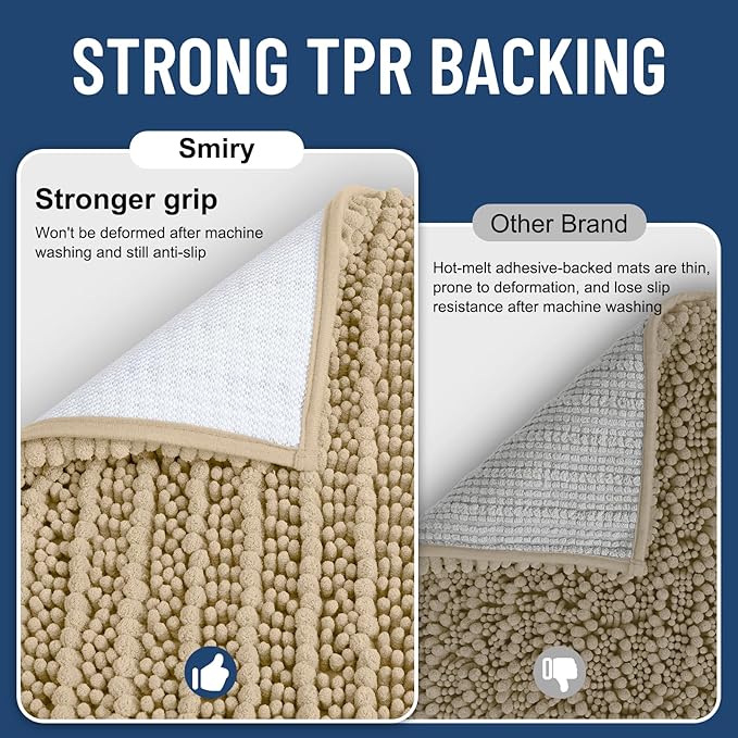 Smiry Bathroom Rugs Mat 47x17, Extra Soft Absorbent Chenille Bath Rugs, Non Slip Rubber Backing Machine Washable Quick Dry Bath Mats for Bathroom Floor, Tub, Shower, Home Decor Accessories, Beige