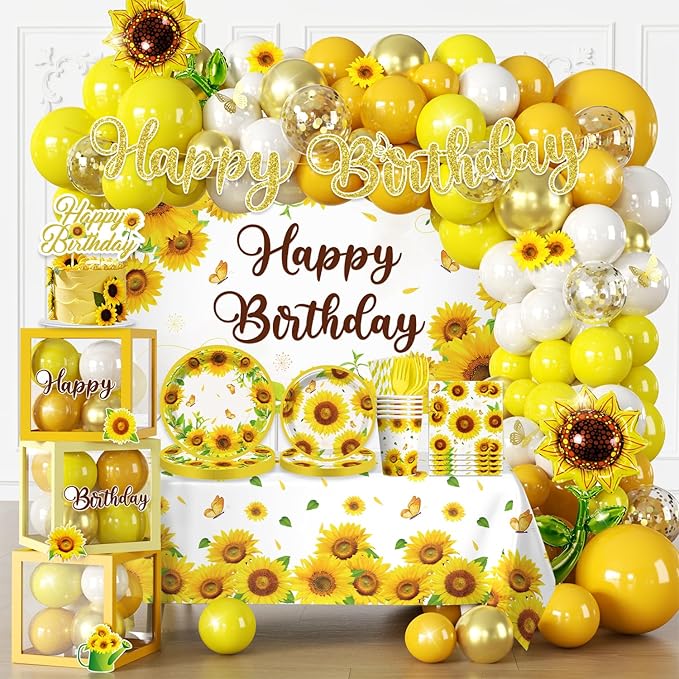 297pcs Sunflower Birthday Decorations-Serves 25, All-in-one Sunflower Party Decorations with 350gsm Plate, Backdrop, Tablecloth, Banner, Balloon, Balloon Box, Centerpiece, Cake Topper, Etc