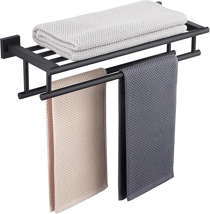 Towel Rack with Shelf 20 Inch Double Towel Racks for Bathroom Matte Black Bath Towel Holder SUS304 Stainless Steel Towel Rack Wall Mounted Modern Towel Hanger