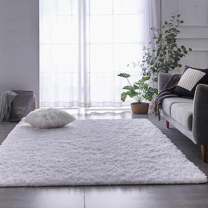 TABAYON Shag Area Rug, 4'x6' White Indoor Ultra Soft Plush Rugs for Living Room, Non-Skid Modern Nursery Faux Fur Rugs for Kids Room Home Decor