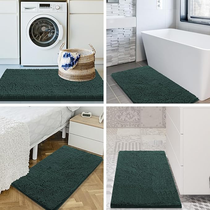 Smiry Luxury Chenille Bathroom Rugs 59x35, Extra Soft and Absorbent Shaggy Bath Mat, Machine Washable, Non-Slip Plush Carpet Runner for Tub, Shower, and Floor, Home Decor Accessories, Green