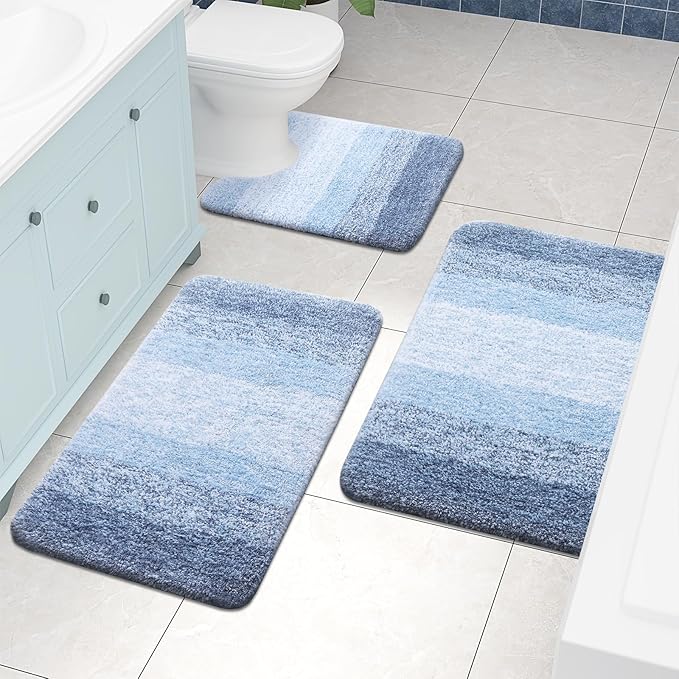 Arotive Microfiber Bathroom Rugs, Shaggy Soft and Absorbent Contour Toilet Rugs, Non-Slip, Thick Plush Machine Washable Dry Bath Mats for Toilet Base, 24x20, Light Blue, U-Shape