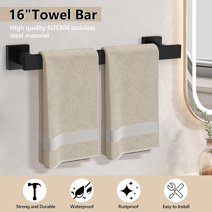 Homikit Matte Black Bathroom Hardware Set, 5-Piece SUS304 Stainless Steel Wall Mounted Bath Towel Bar Accessories Set, 16 Inch Towel Rack, Toilet Paper Holder, Towel Ring, Hooks