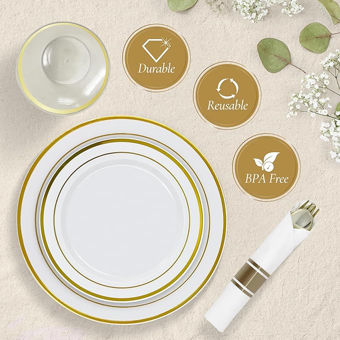 Reli. Plastic Plates for Party | 210 Pieces | White w/Gold Rim | Plates and Napkins Party Supplies | Disposable Dinnerware Set for 30 Guests | Dinner & Dessert Pack, Pre-Rolled Gold Cutlery Set, Cups
