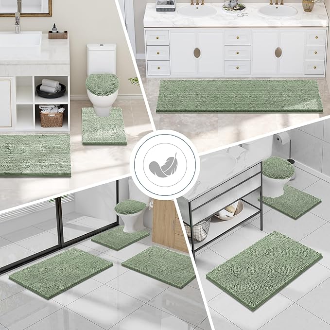 Smiry Luxury Chenille Bathroom Rugs 59x35, Extra Soft and Absorbent Shaggy Bath Mat, Machine Washable, Non-Slip Plush Carpet Runner for Tub, Shower, and Floor, Home Decor Accessories, Sage Green