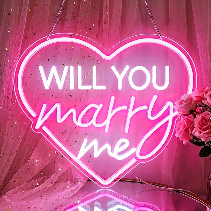 Will You Marry Me Neon Sign Pink Heart LED Light for Proposal Decor, Romantic Engagement Decoration USB Powered LED Wall Sign for Wedding, Valentine’s Day, Anniversary, Bedroom Decor