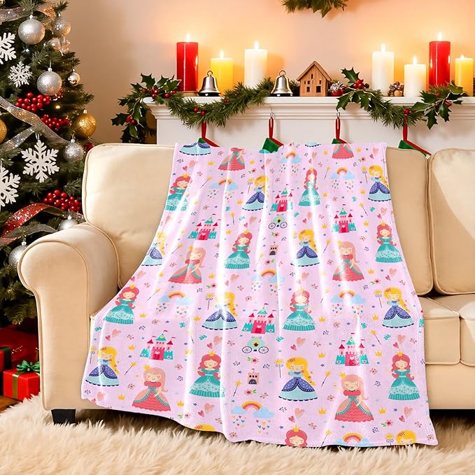 Wajade Kids Pink Princess Blanket for Girls Soft Fleece Blanket for Couch Sofa Bedroom Princess Fairy Tales Castle Throw Blanket for Kids Teens 60"x80"