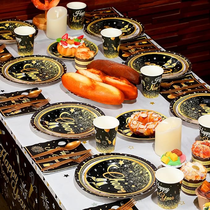 Funrous Happy New Year Party Supplies Tableware Set Serves 24 Guests Including New Year Plates Cups Napkins Forks Knives Spoons Tablecloth and Celebration Banner for Black and Gold Party Decoration