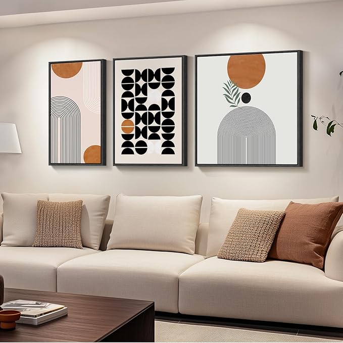 Framed Orange Abstract Wall Art for Living Room, Boho 3 Piece Large Black and White Geometric Canvas Painting Prints, Minimalist Botanical Sun Artworks for Bedroom Hallway Office Wall Decor