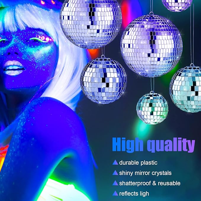 MTLEE 20 Pcs Disco Balls Decoration Mirror Disco Ball Assorted Silver Mini Glass Different Sizes Reflective with Rope for 70s Wedding Dance Music(4, 3. 2, 2 Inch)