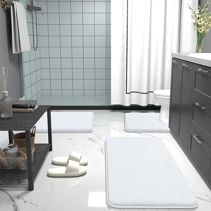 OLANLY Thick Memory Foam Bath Mat Rug 47x17, Extra Soft Absorbent Bathroom Rug, Quick Dry Bath Mats, Non-Slip, Machine Washable Carpet for Bathroom, Tub and Shower, Home Decor Accessories, White