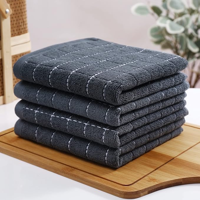 Homaxy 100% Cotton Terry Kitchen Towels(Dark Grey, 20 x 28 inches), Checkered Designed, Soft and Super Absorbent Dish Towels, Large 8 Pack