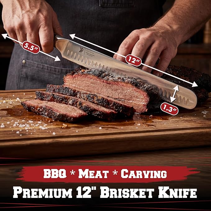 Kitchen perfection 12” Brisket Knife for Carving & Slicing Meat - Ultra Sharp Premium German Steel Granton Edge with Sheath, Full Tang Ergonomic Handle.For BBQ, Turkey & Ribs- Grilling Gifts for Men