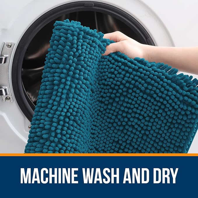 OLANLY Bathroom Rugs Sets 3 Piece, Soft Absorbent Chenille Bath Mats and U-Shaped Contour Toilet Rug, Quick Dry, Home Decor Accessories, Bath Mat Set for Floor (47"x20"+24"x16"+24"x20", Peacock Blue)