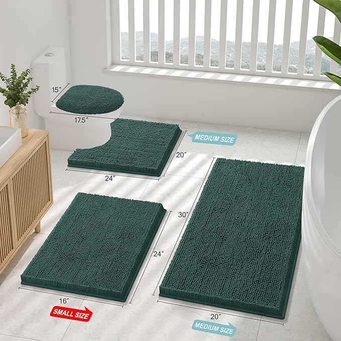 Smiry Luxury Chenille Bathroom Rugs 59x35, Extra Soft and Absorbent Shaggy Bath Mat, Machine Washable, Non-Slip Plush Carpet Runner for Tub, Shower, and Floor, Home Decor Accessories, Green