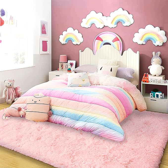 Super Fluffy Rug for Bedroom, 4x6 Shag Fuzzy Area Rug for Living Room Bedroom, Plush Soft Carpet for Girls Boys Kids, Non Slip Throw Rugs for Dorm, Modern Home Decor Aesthetic, Pink
