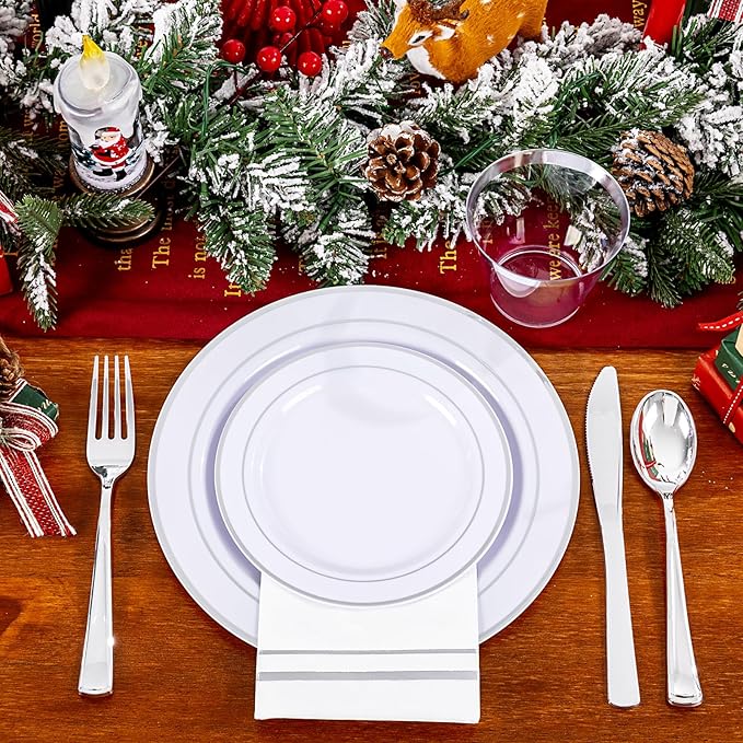 GATHER 350PCS Silver Plastic Plates - White and Silver Disposable Plates for 50 Guests Includes 100 Plate, 50 Napkins, 150 Silvery Cutlery and 50 Cups for Party & Christmas