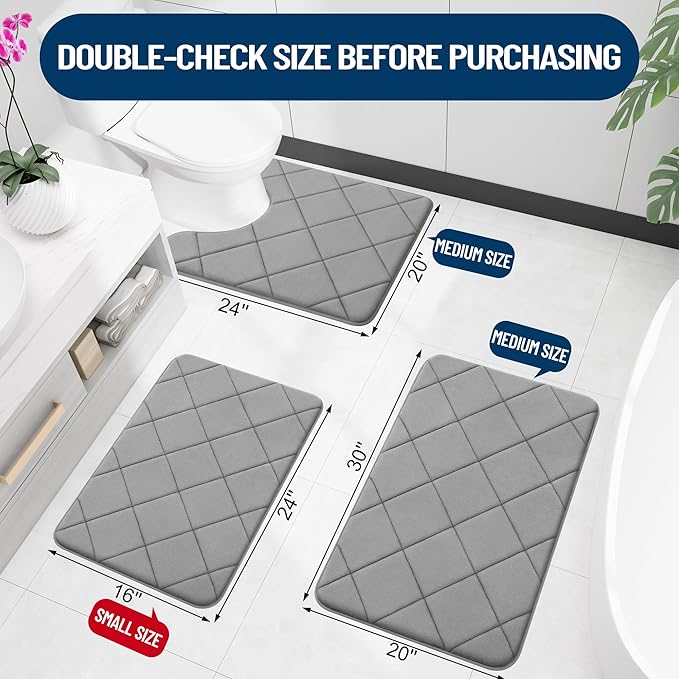 OLANLY Memory Foam Bath Mat 36x24, Ultra Soft and Absorbent Bathroom Rugs, Machine Washable, Comfortable Bath Carpet for Bathroom Floor, Tub and Shower, Grey