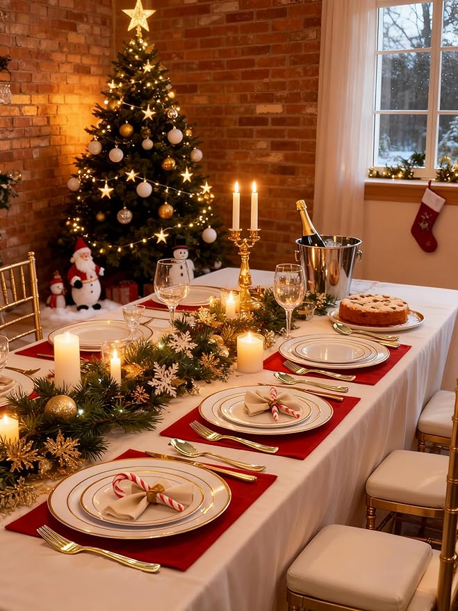 GATHER 350PCS Gold Plastic Plates - White and Gold Disposable Plastic Dinnerware Set Include 50 Dinner Plates, 50 Dessert Plate, 150 Silverware, 50 Napkins, 50 Cups for Party & Wedding & Christmas