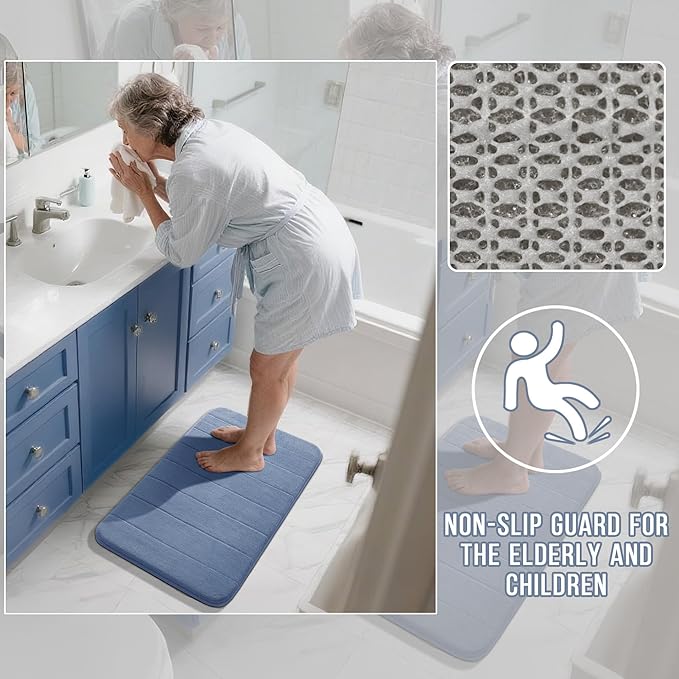 Yimobra Bathroom Runner Rugs 72"x24" Non Slip Washable Memory Foam Bath Mat, Super Soft Water Absorbent Hallway Carpet for Vanity Tub Shower, Denim Blue