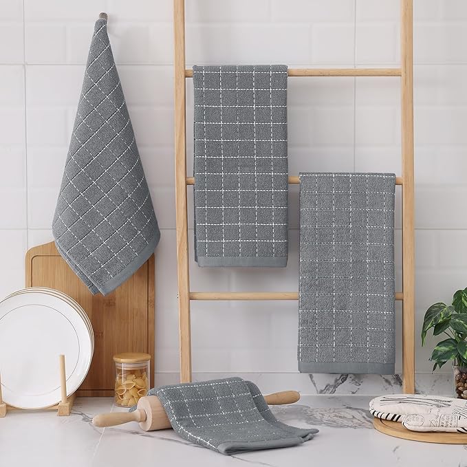 Homaxy 100% Cotton Terry Kitchen Towels(Grey, 13 x 28 inches), Checkered Designed, Soft and Super Absorbent Dish Towels, 6 Pack