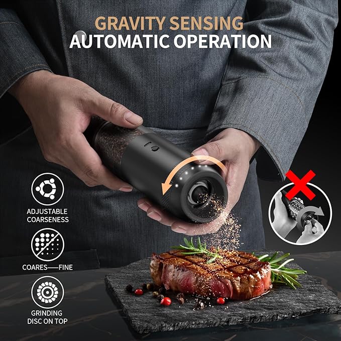 Gravity Automatic Electric Salt and Pepper Grinder Sets with LED Light, Fast Charging, 6 Coarseness, 176ml Capacity