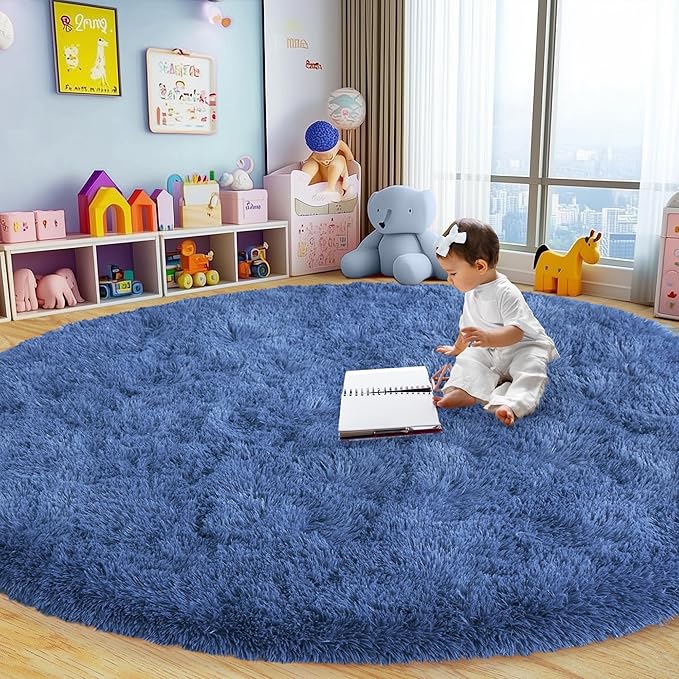 Round Fluffy for Bedroom Rugs, 5Ft Navy Blue Shag Circle Rug Non-Slip for Kids Girls Boys Bedroom Dorm Nursery Playroom, Soft Cute Area Rugs for Living Room Decor