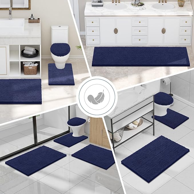 Smiry Luxury Chenille Bathroom Rugs 47x24, Extra Soft and Absorbent Shaggy Bath Mat, Machine Washable, Non-Slip Plush Carpet Runner for Tub, Shower, and Floor, Home Decor Accessories, Navy Blue