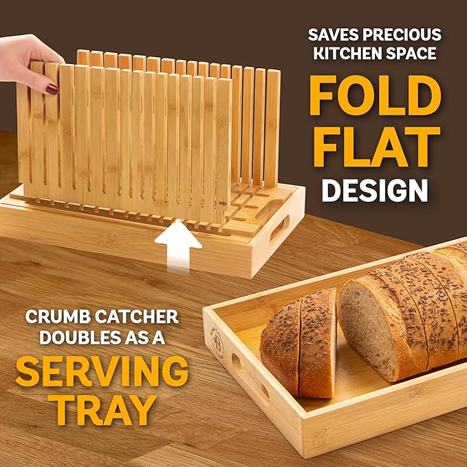 Bambüsi Upgraded Bread Slicer for Homemade Bread - Adjustable Bamboo Bread Cutter Board, Foldable Slicing Guide with Crumb Tray for Sourdough, Artisan Loaves, Bagels, Cakes, Bakery Kitchen Gadget Gift