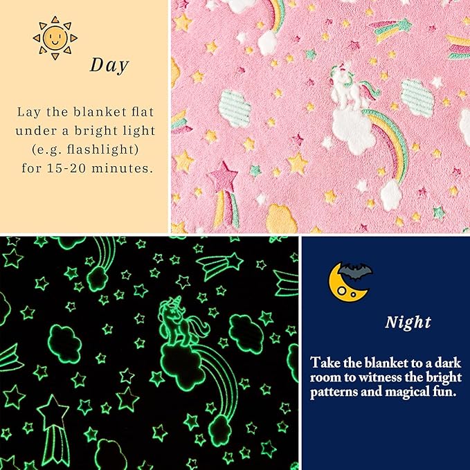 Wajade Rainbow Gifts Toys for Girls - Glow in The Dark Rainbow Blanket Birthday Christmas Decor for Kids Age 3 4 5 6 7 8 9 10 11 12 Years Old Teens Child Toddler Throw Pink 60"x80"