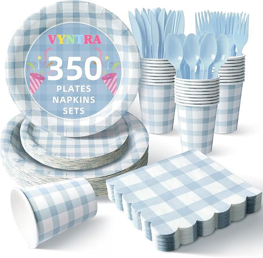 Vyntra 350 PCS Blue Gingham Party Supplies, Disposable 7 & 9 In Plates and Napkins, Cups, Knives, Forks, Spoons for Boy Birthday, Summer Picnic, Pool Party (Blue, Serves 50)
