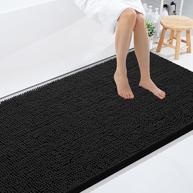 Smiry Luxury Chenille Bathroom Rugs 59x35, Extra Soft and Absorbent Shaggy Bath Mat, Machine Washable, Non-Slip Plush Carpet Runner for Tub, Shower, and Floor, Home Decor Accessories, Black