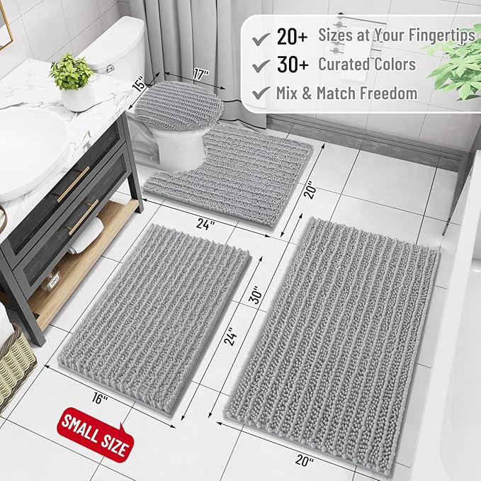 Arotive Luxury Chenille Bathroom Rug Mat, Extra Soft Thick Absorbent Shaggy Bath Rugs, Non-Slip Machine Wash Dry, Plush Bath Mats for Bathroom, Shower and Tub, 44x32, Light Grey