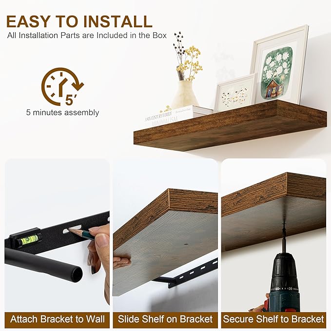 Fun Memories Floating Shelves for Wall, 36Inch Floating Shelves Set of 2, Hanging Shelf with Invisible Brackets, Bathroom Shelves for Living Room, Bedroom, Kitchen- Brown