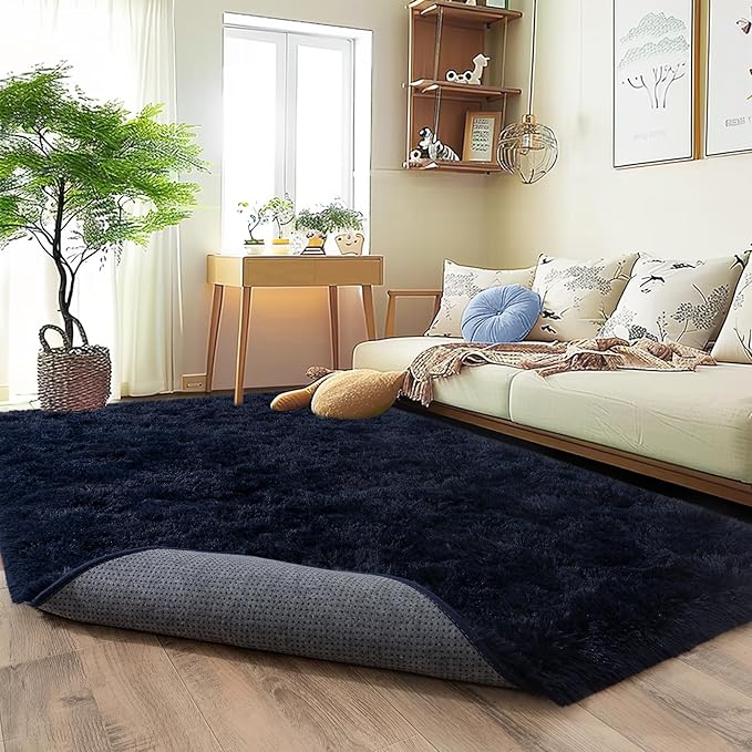 Ultra Fluffy Rug for Living Room Bedroom, 5x7 Fuzzy Large Area Rug for Living Room, Plush Soft Shag Carpet for Girl Boy Kids, Non Slip Rug Modern Indoor Home Decor Aesthetic, Dark Blue