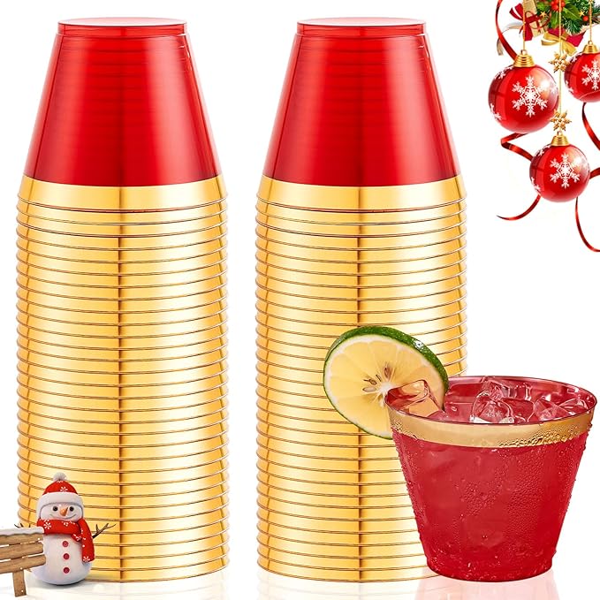 Ciaell 200PCS Red Plastic Cups - 9 Oz Gold Plastic Cups - Heavy Duty Gold Rimmed Disposable Cup - Disposable Wine Glasses with Gold Rim for Party & Wedding & Christmas