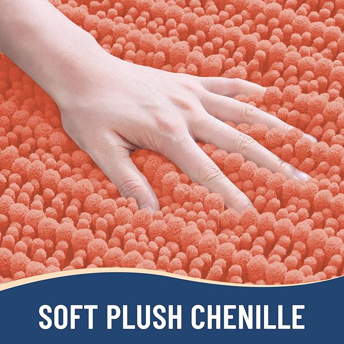 Arotive Luxury Chenille Bathroom Rug Mat, Extra Soft Thick Absorbent Shaggy Bath Rugs, Non-Slip Machine Wash Dry, Plush Bath Mats for Bathroom, Shower and Tub, 60x24, Coral