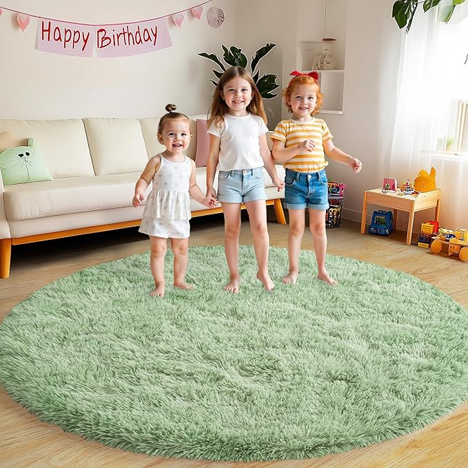Round Fluffy for Bedroom Rugs, 5Ft Sage Green Shag Circle Rug Non-Slip for Kids Girls Boys Bedroom Dorm Nursery Playroom, Soft Cute Area Rugs for Living Room Decor