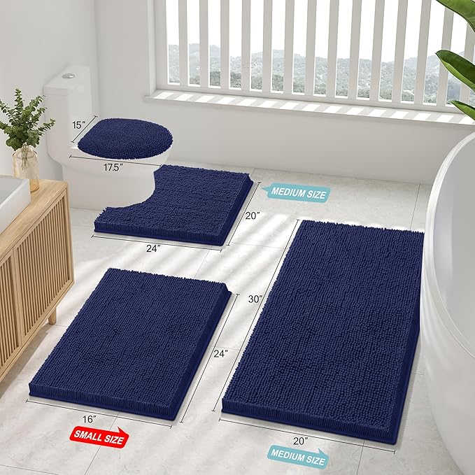 Smiry Luxury Chenille Bathroom Rugs 59x35, Extra Soft and Absorbent Shaggy Bath Mat, Machine Washable, Non-Slip Plush Carpet Runner for Tub, Shower, and Floor, Home Decor Accessories, Navy Blue