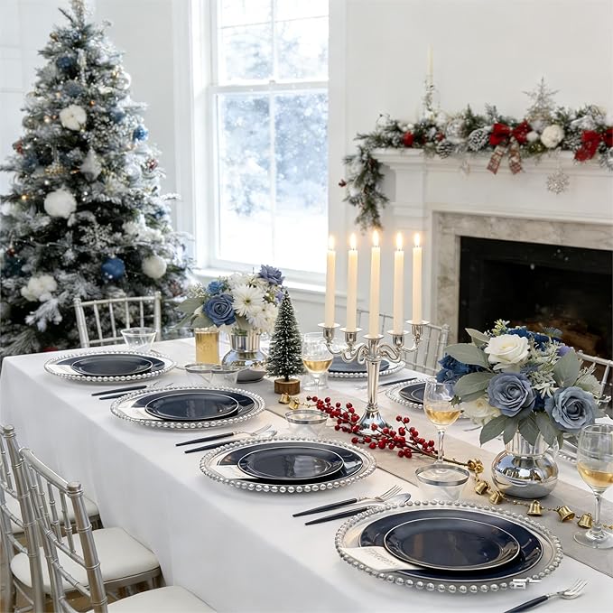 KIRE 175Pcs Blue Plastic Plates with Silver Rim & Disposable Silverware with Blue Handle & Silver-rim Cups & Hand Napkin & Plastic Dinnerware for Hanukkah/Parties/Wedding